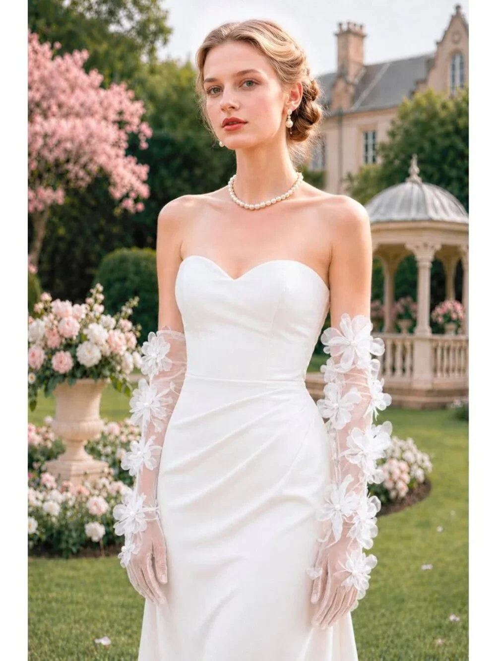 Elegant Long Tulle Mesh Gloves for Women | 3D Floral Tea Party Accessories